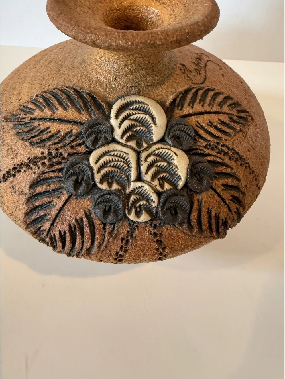 Signed Studio Pottery Vase Applied Floral Relief Art Pottery Rustic 5” Vase